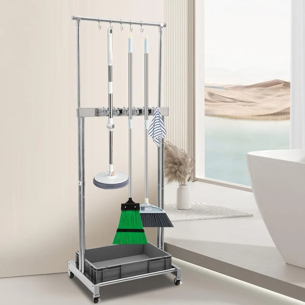 Carrello portaoggetti portatile per prodotti per la pulizia per scope e panni