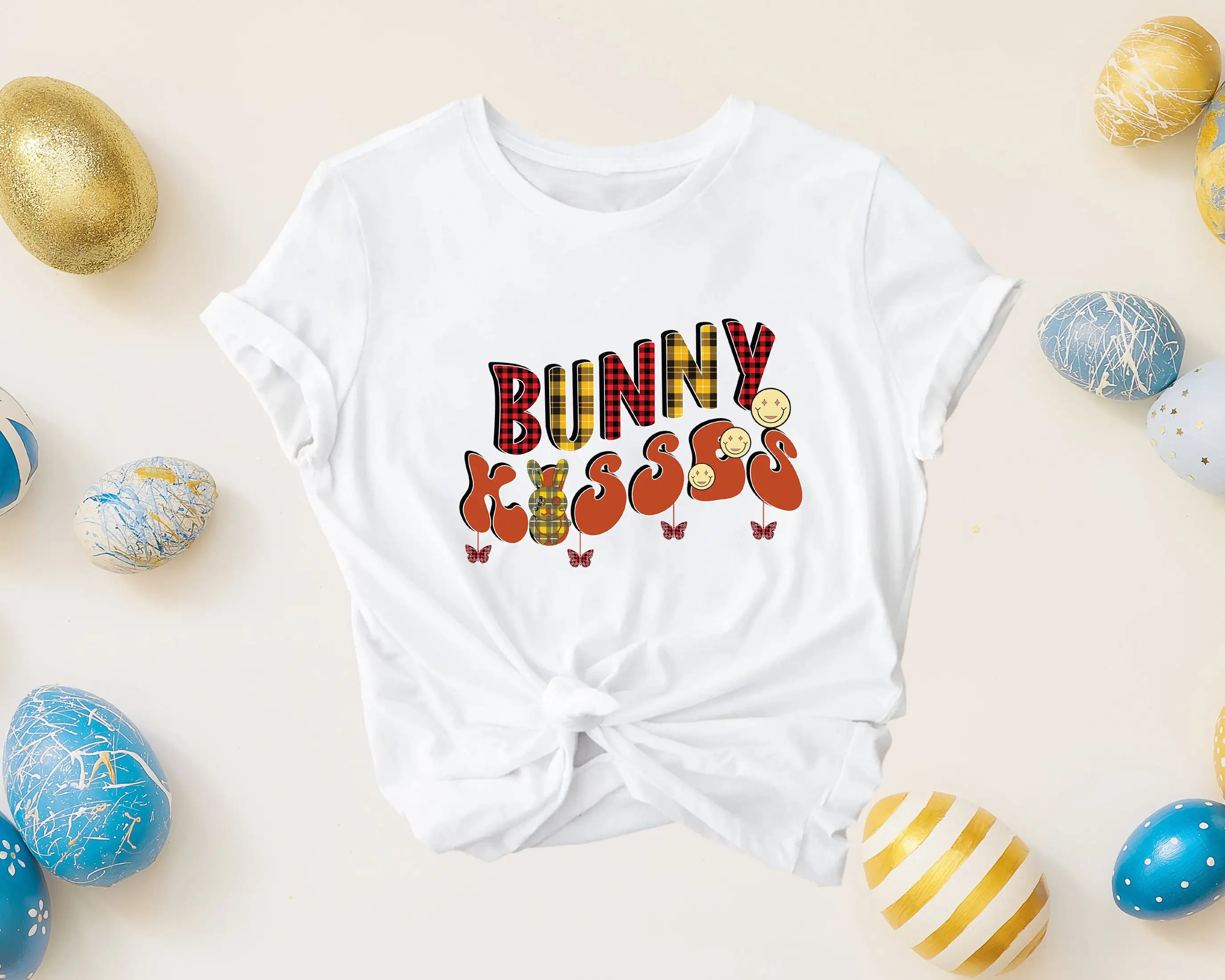 Bunny Kisses Easter Wishes T Shirt Groovy Retro Matching