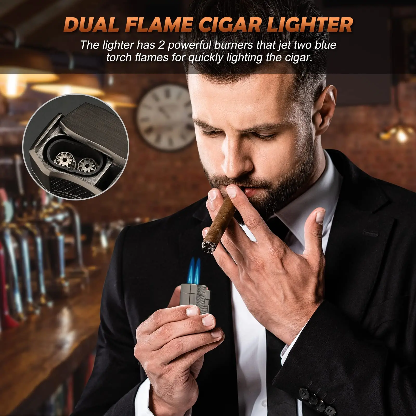 Cigar Lighter Double Jet Flame Butane Torch Lighter,Built-in Cigar Punch,Cigar Holder,Windproof Pocket Butane Lighter Smoking