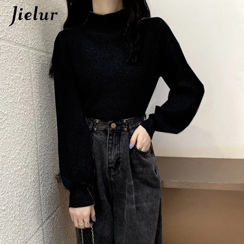 Jielur Lantern Sleeve Sweater Women Turtleneck Office Lady Pure Color Knitted Pullover Loose White Khaki Sweaters for Women