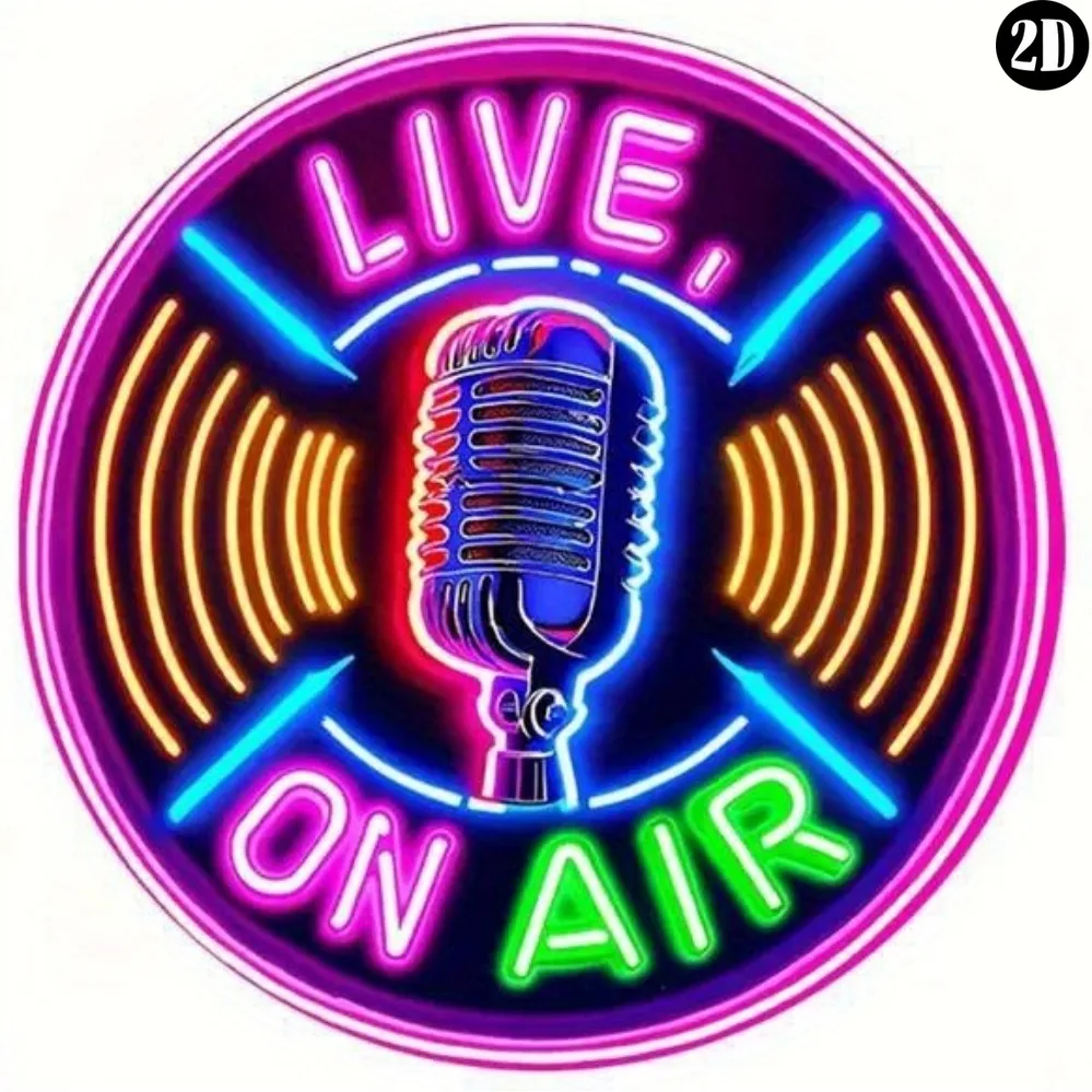 Plaque murale décorative en métal ronde, effet néon, motif micro de diffusion en direct, sans LED, en métal plat 2D, pour studio radio et podcast