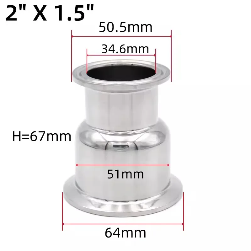 Reduzierstück 2"(51mm)OD64mm X 1,5"(38mm)OD50,5mm, konzentrische Sanitär-Tri-Clamp-Rohrverschraubung SS 304