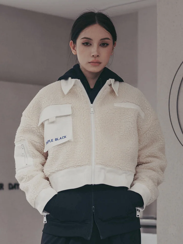 [EAM] Loose Fit Beige Lambswool Thick Big Size Jacket New Lapel Long Sleeve Women Coat Fashion Tide Spring Autumn 2025 1DF1289