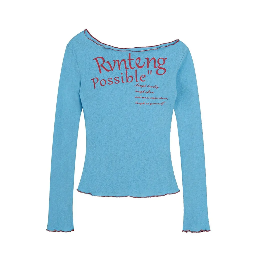 

Женская футболка с асимметричным плечом и длинным рукавом с американским буквенным принтом, облегающий повседневный топ на осень