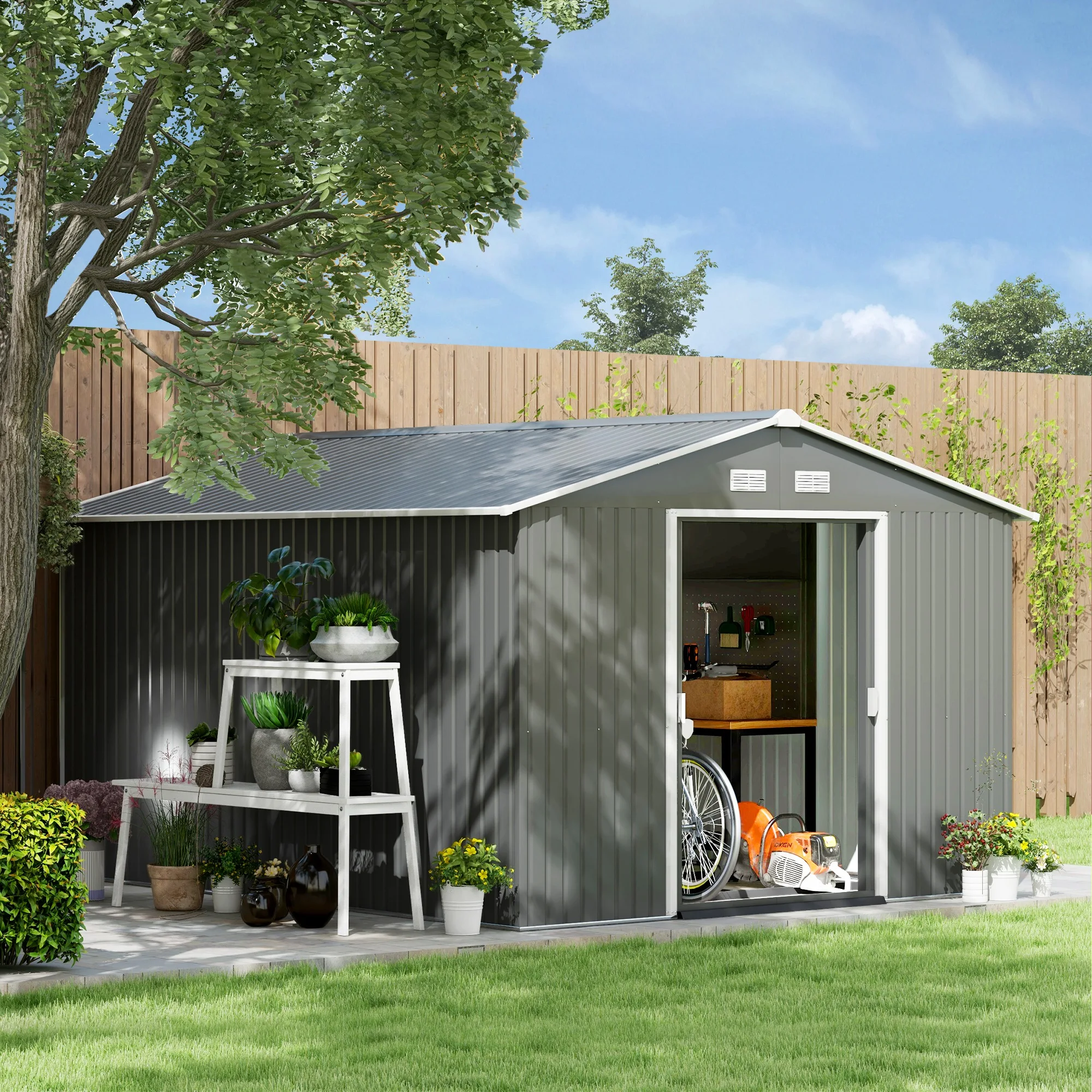 11' X 9' Steel Outdoor Utility Storage Tool Shed Kit for Backyard Garden, Gray