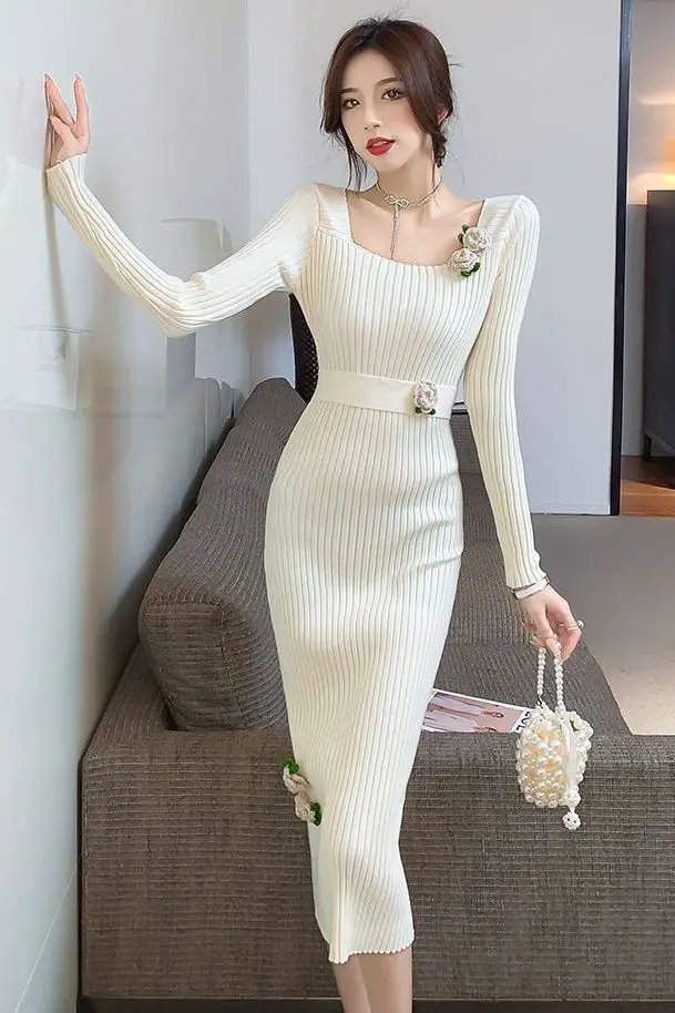 Outono inverno feminino pescoço quadrado vestido de malha camada base camisola vestido até o chão manga regular saias de comprimento total cq241