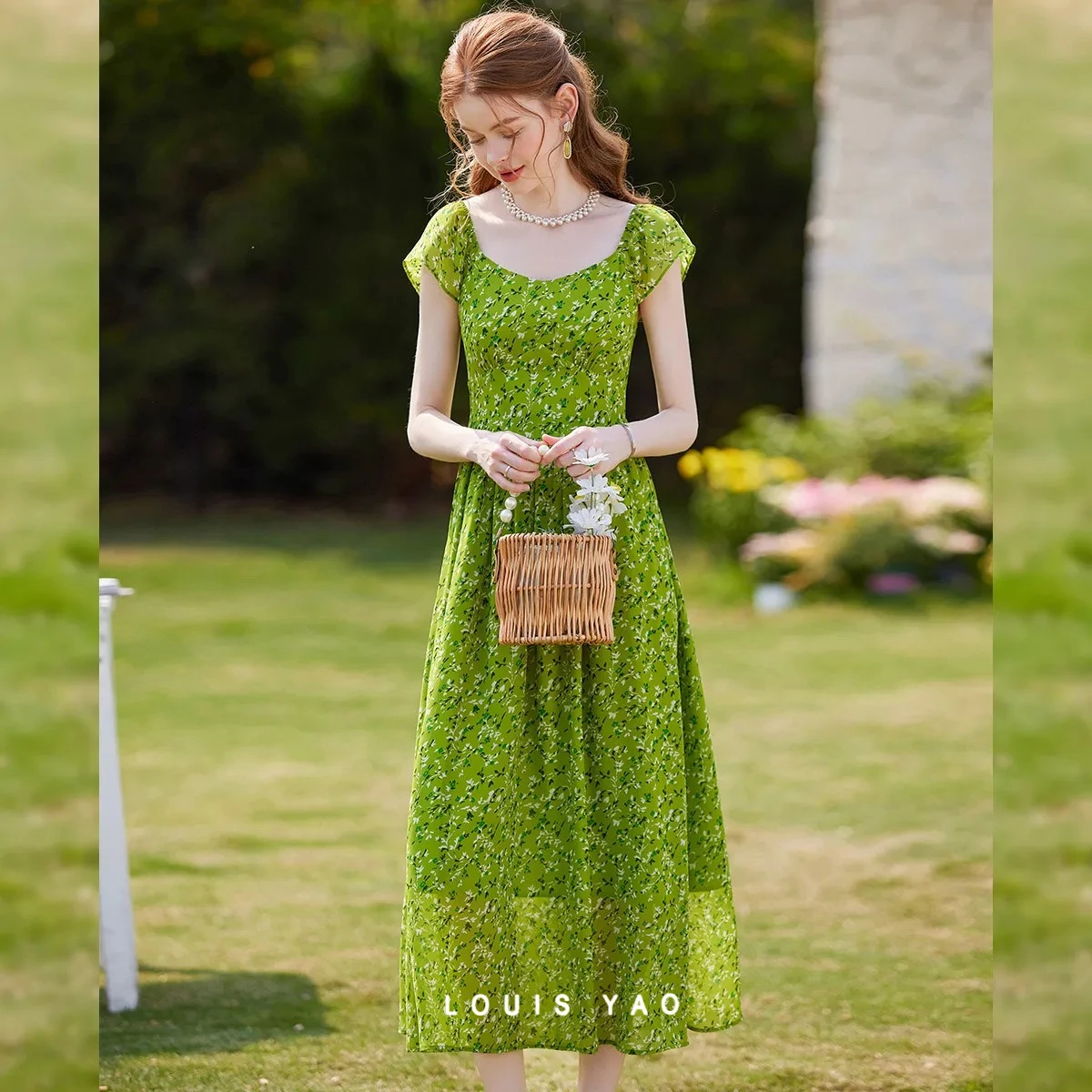 

LOUIS YAO Floral Print Women's Dress 2026 Summer Flutter Sleeve Maxi Dress Sweet Fashion Non-Stretch Square Neck Long Dress