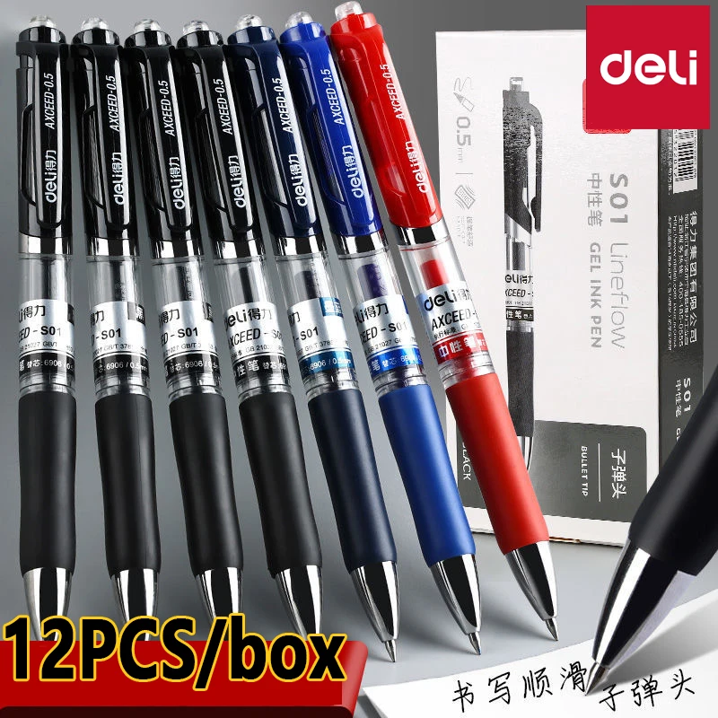 6/12pcs Deli Gel Pens Set 0.5mm Black Blue Red Ink Gel Pen Ballpoint Pen School Office Student Writing Stationery Supply