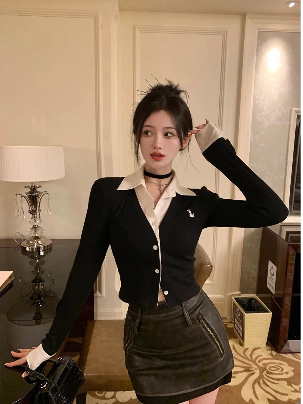  Collar Embroidered Long Sve Knitted Open Cardigan Women's Slim Fit ort Sle Fake Two-Piece Top Ci Walk Commute S...