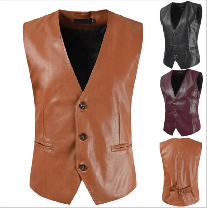 

2021 New Men's leather slimming large-size leather vest men's cross-border PU leather business Men Clothes
