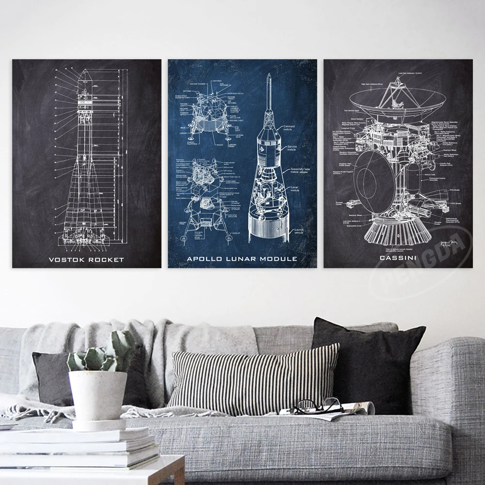 Apollo Lunar Constructions Vostok Rocket Geometric Posters Canvas Wall Art Pictures Home Decor Paintings Living Room Decoration