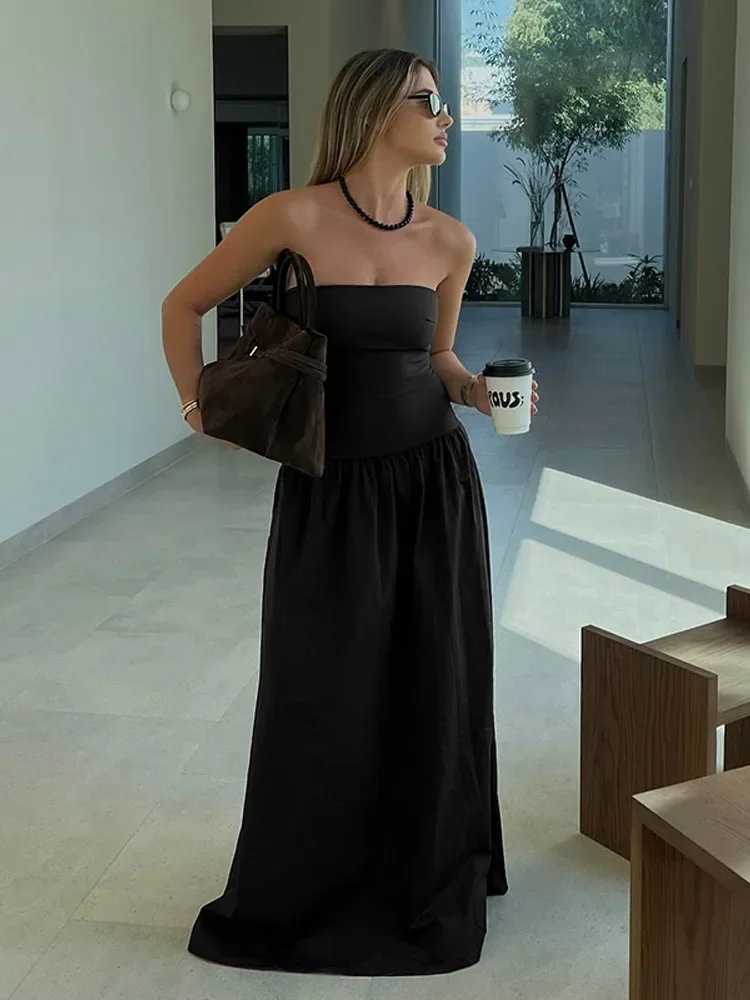 Mulheres elegantes sólido sem mangas fora do ombro maxi vestido sexy sem costas cintura alta vestidos plissados chique senhora clube festa robes