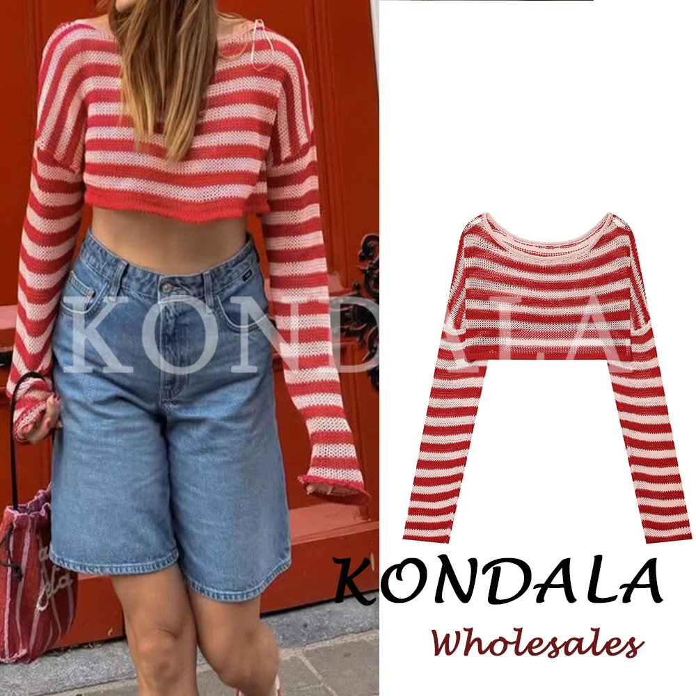 KONDALA Vintage Red Striped Women Summer Knitwear Fashion 2026 Pullover O-Neck Shirt Chic Long Sleeve Y2K Female Short Sweater