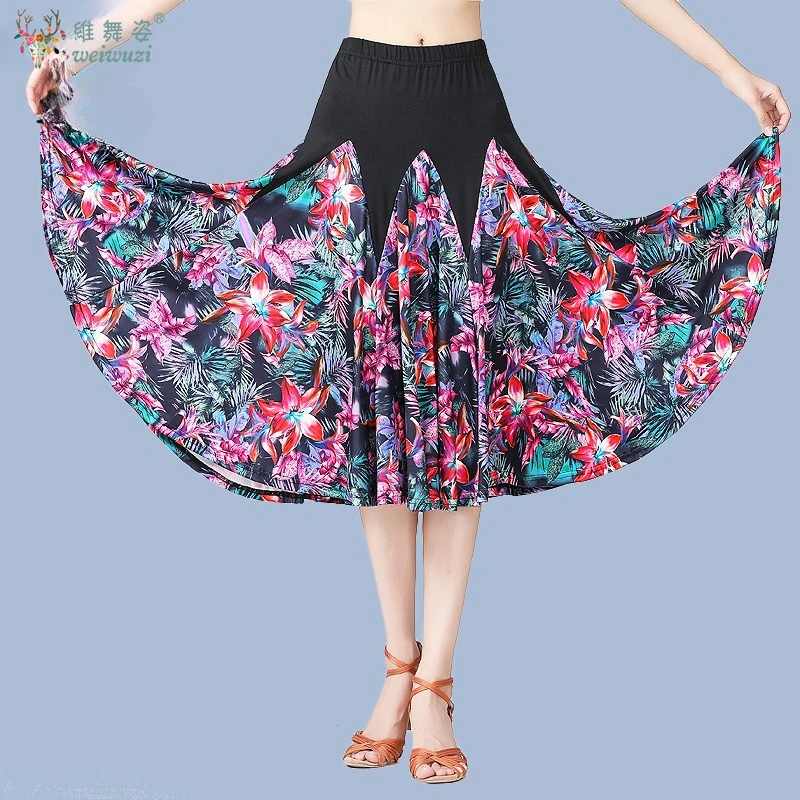National Standard Walzer Flamenco Kostüme Frau Latin Dance Print Rock elastische Taille floral mittellanger Ballsaal Faltenrock