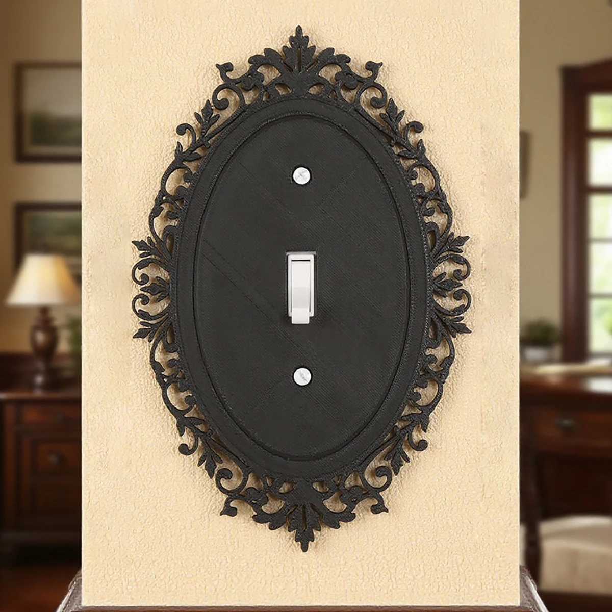 Cross-border Hollow Carved Oval Switch Panel Frame, Matte Black Retro Design, Suitable for Overseas European Retro Home Wall Dec