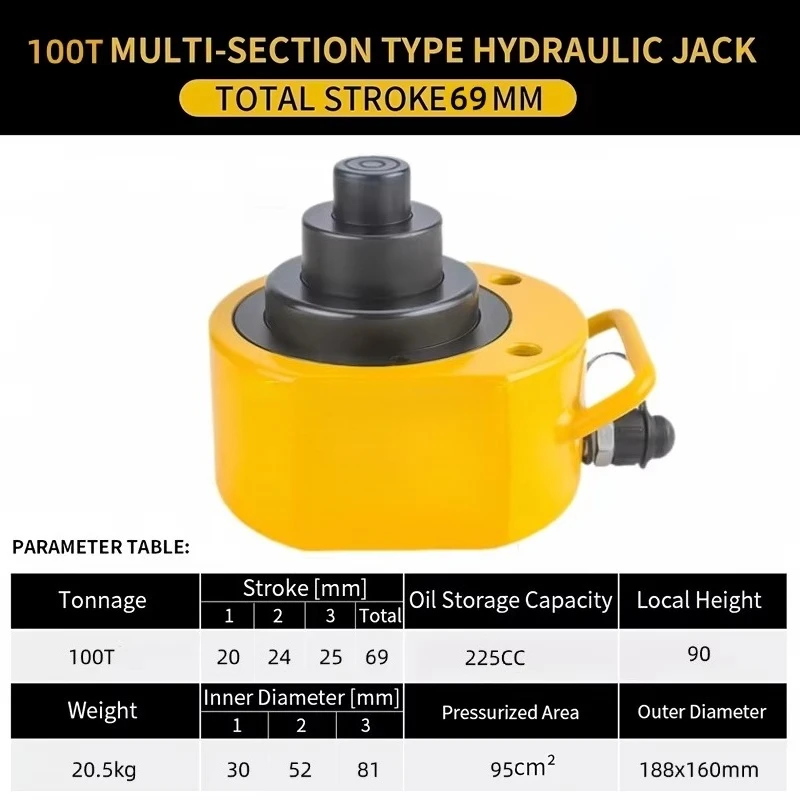 Jack Silinder Ram Hidrolik 100T Portabel Alat Pengangkat Baja 69Mm Profil Rendah dengan Pompa Listrik Manual Beban Kapasitas 10/20/50T