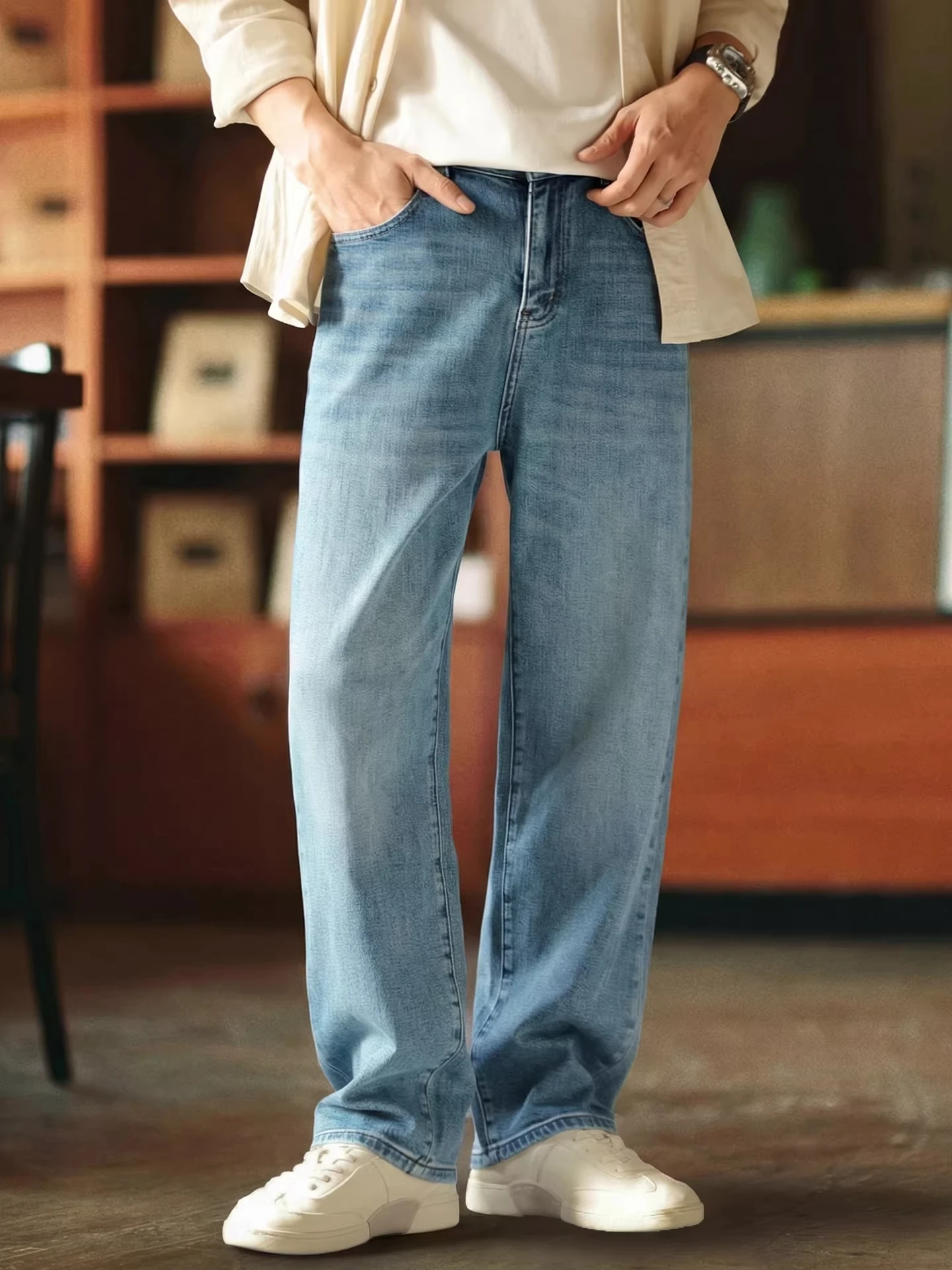 

Летние новые американские ретро-джинсы для мужчин: прямые, свободные, эластичные, повседневные, длинные брюки, мужские джинсы свободного прямого кроя