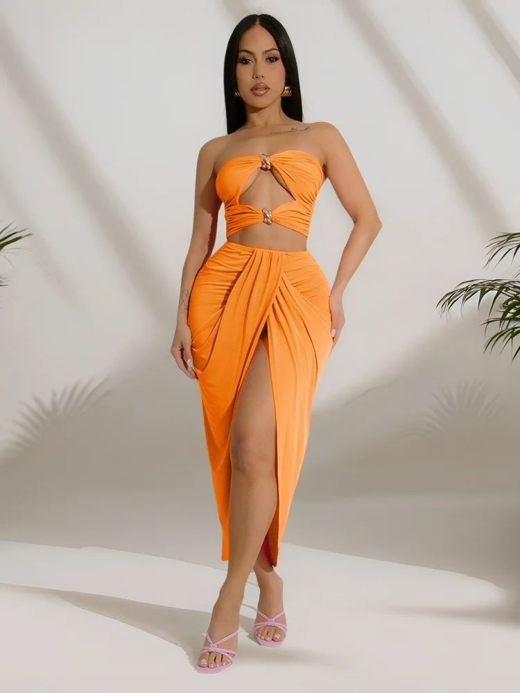 

Wmstar Set Women Wholesale Strapless Cut Out Top Slit Elastic Skirt Pleated Skirt Sexy Two Piece Skirt Fancy Club Summer 2025