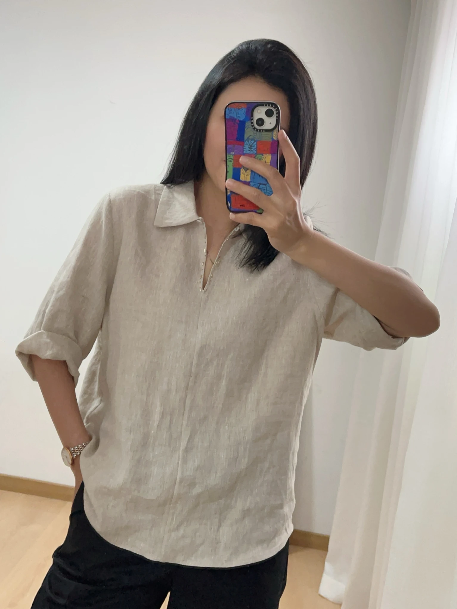 

Льняная рубашка Laid-ba с V-образным вырезом, рукавом 7/8, свободного кроя, однотонная, на пуговицах, повседневная, для женщин