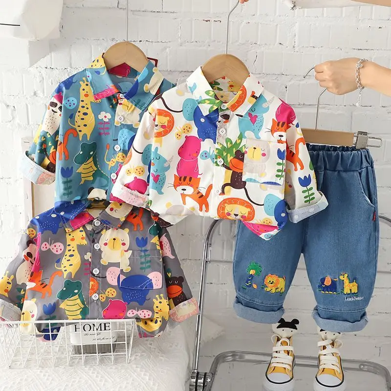 

80-120cm Boys' Baby Set Autumn 2025 New Fashionable Children's Spring and Autumn Cartoon Shirt Pants Two Piece Set