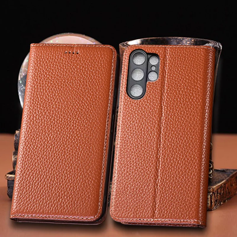 

Genuine Leather Phone Case For Samsung Galaxy S21 S22 S23 S24 S25 S26 Edge Plus Ultra FE Large Lychee Pattern Of Flip Cover Case
