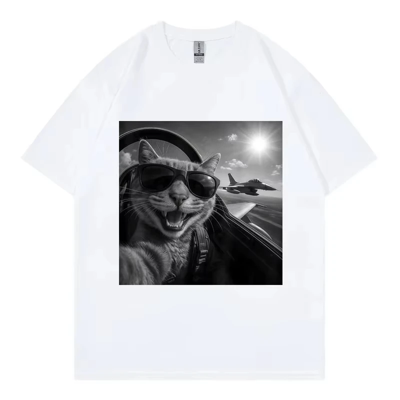 Cat Pilot Selfie Funny Meme Graphic T Shirts High Street Fashion Trend Short Sleeve T-shirts Men Women Casual 100%cotton T-shirt