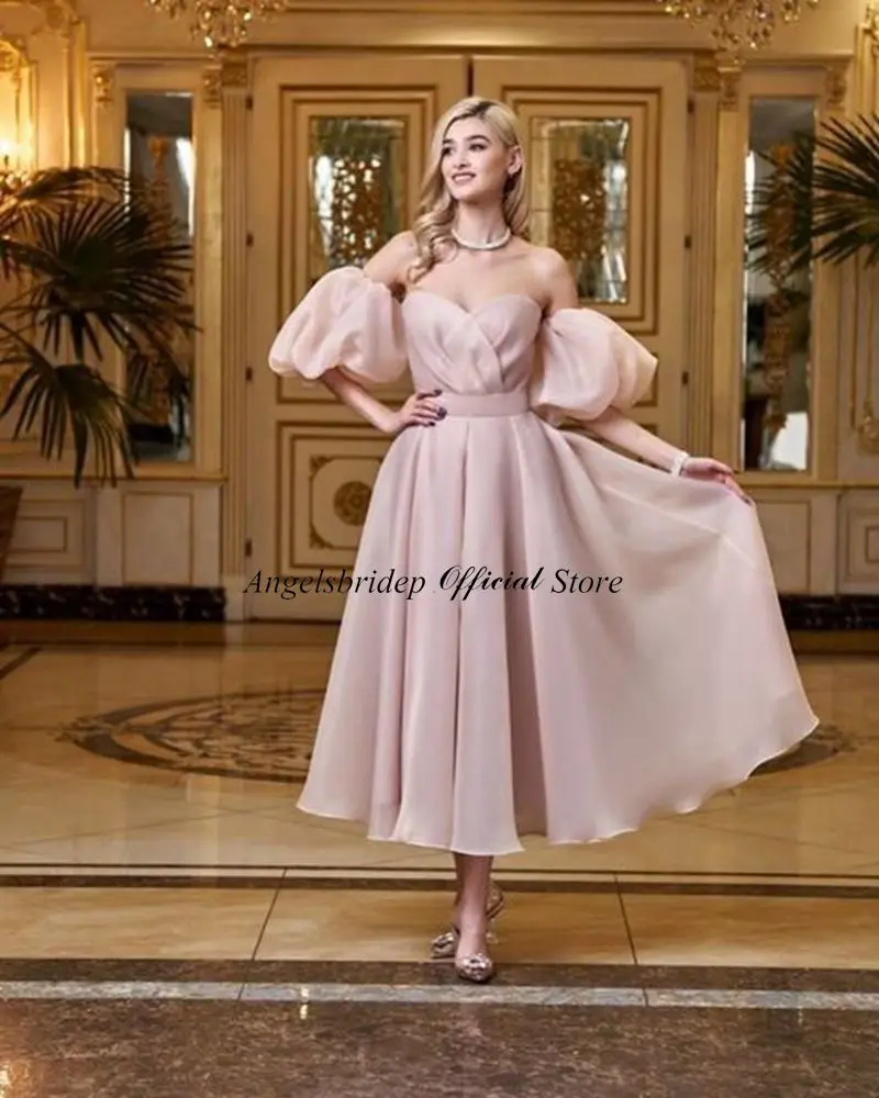 Angelsbridep Pink A-line Evening Dresses Sweetheat Pleat Prom Dress Sexy Organza Prom Gown Tea Length Robe De Soirée Party Gowns