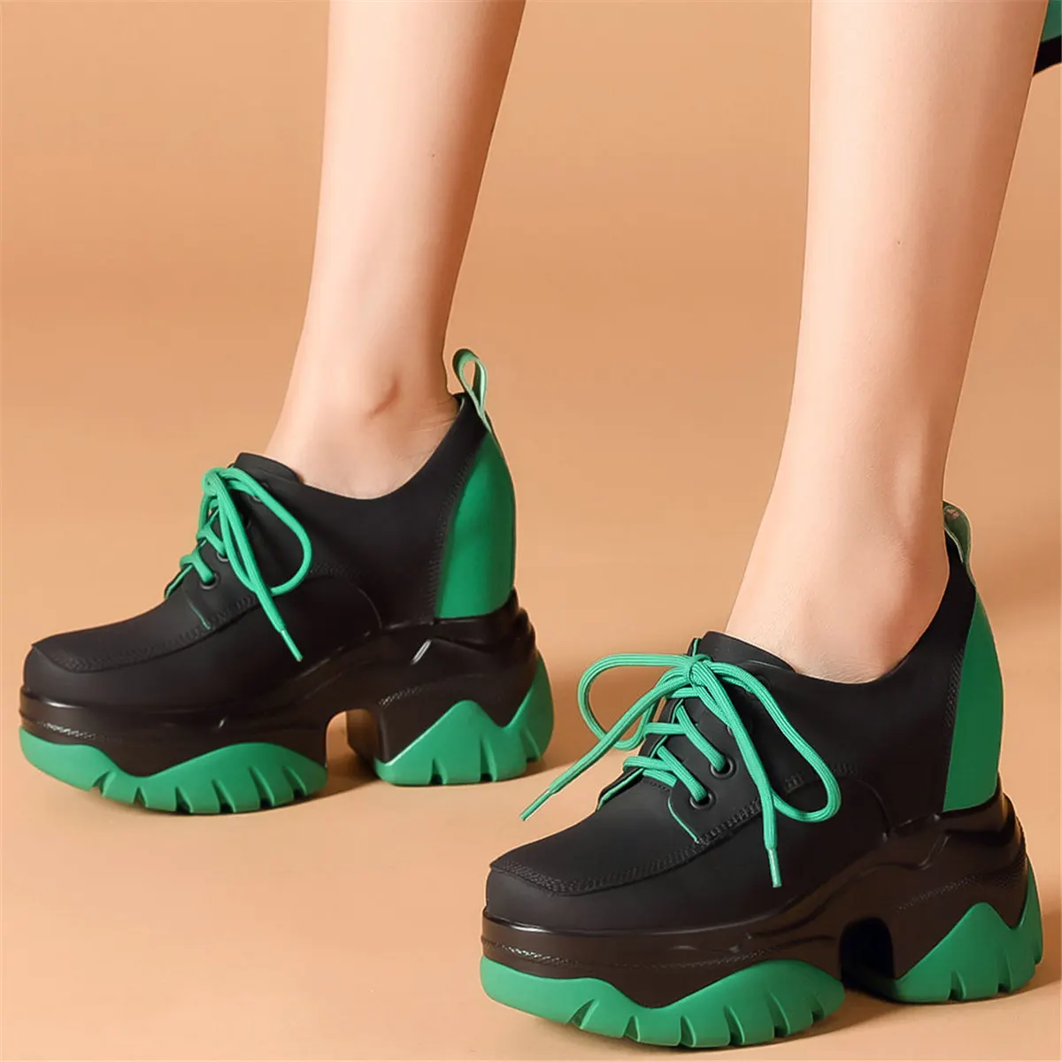 Height Increasing Platform Shoes Women Lace Up Genuine Leather High Heel Pumps Female Round Toe Fashion Sneakers Casual Shoes