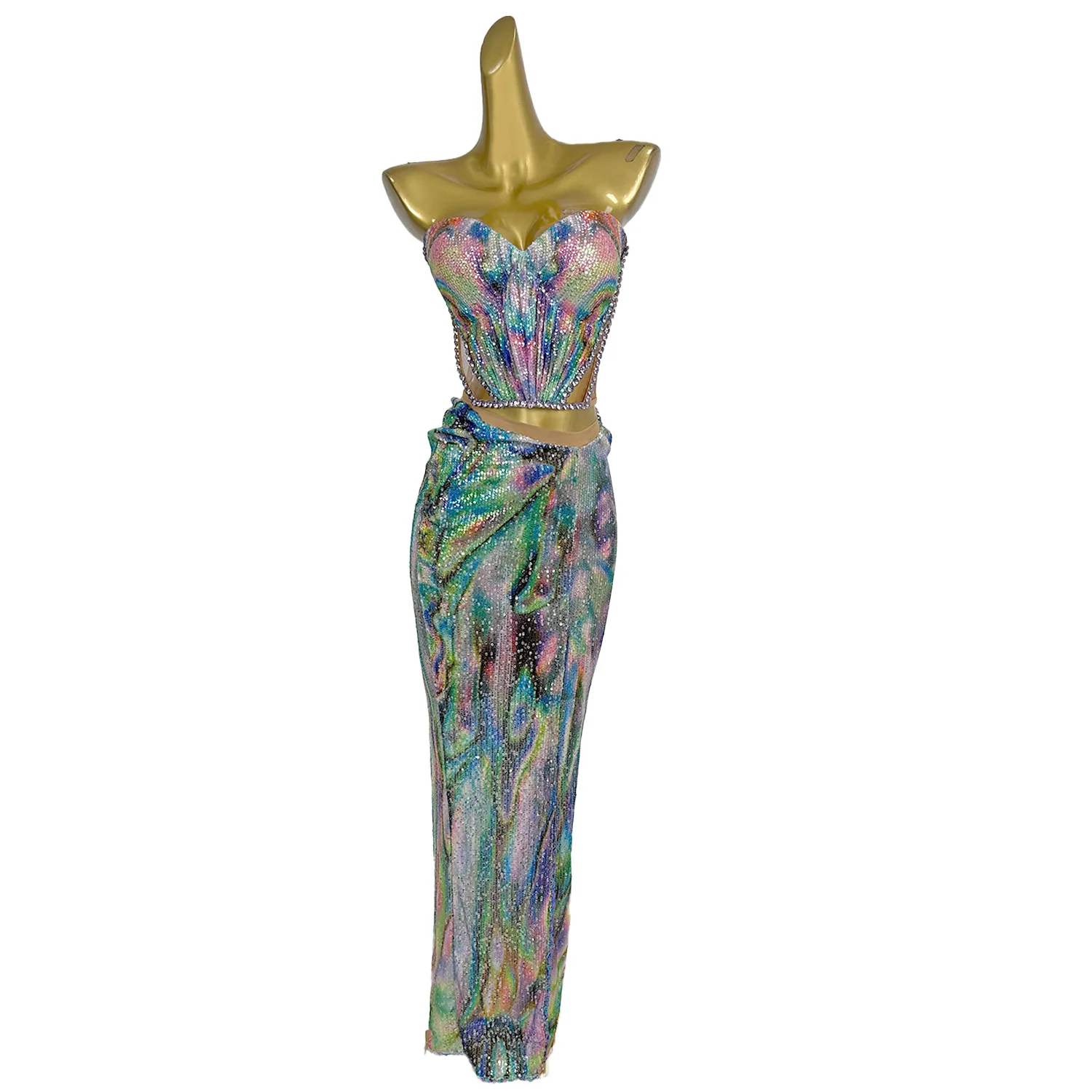 Off Shoulder Sequin Corset Top Long Skirts 2 Piece Set Women Dinner Gown Holiday Club Party Dress Singer Dancer Show Outfit