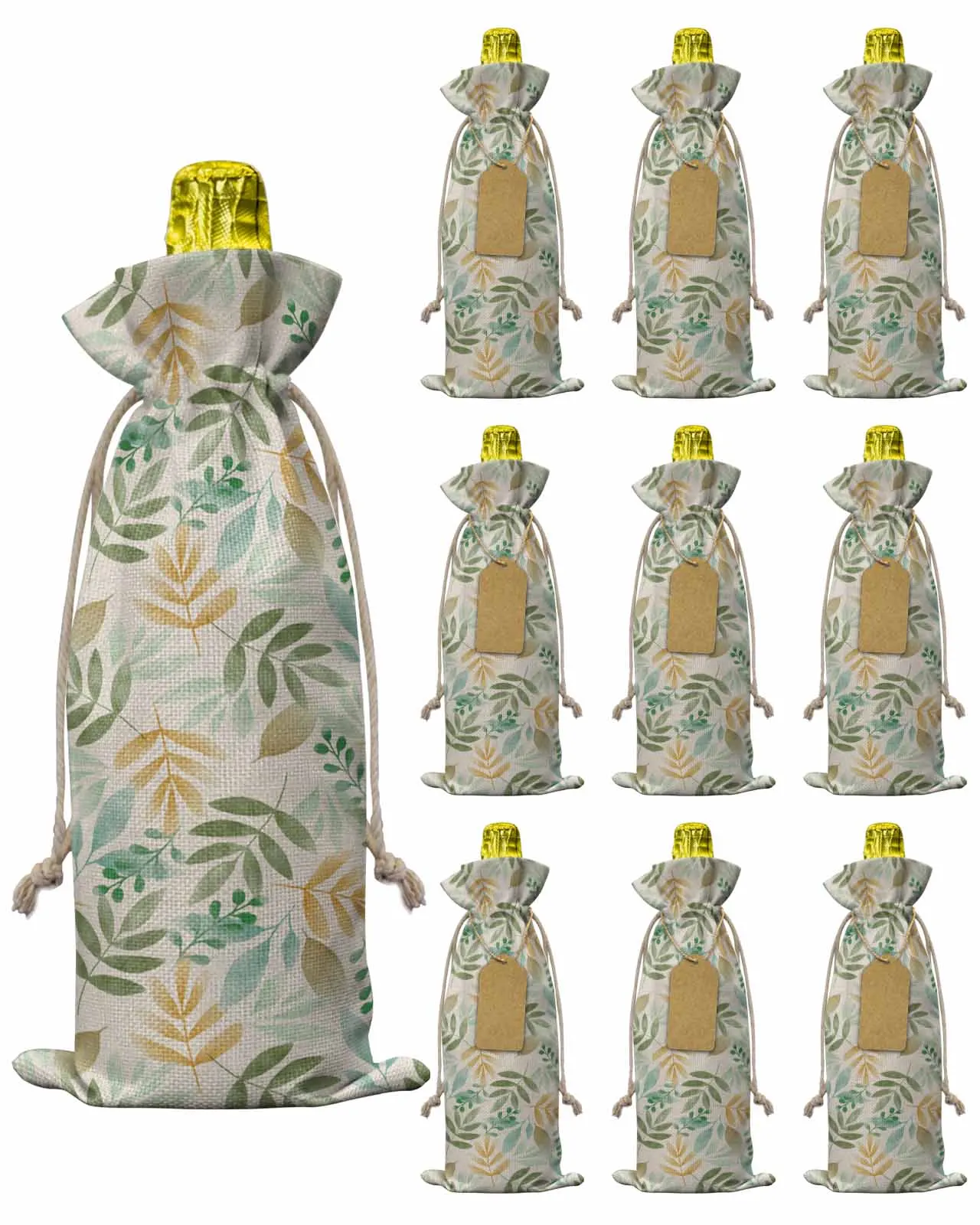 10pcs Plant Tea Green Leaves Forest Green LeavesWine Bottle Bag with Drawstring Festive Party Decor Wine Bottle Covers Gift