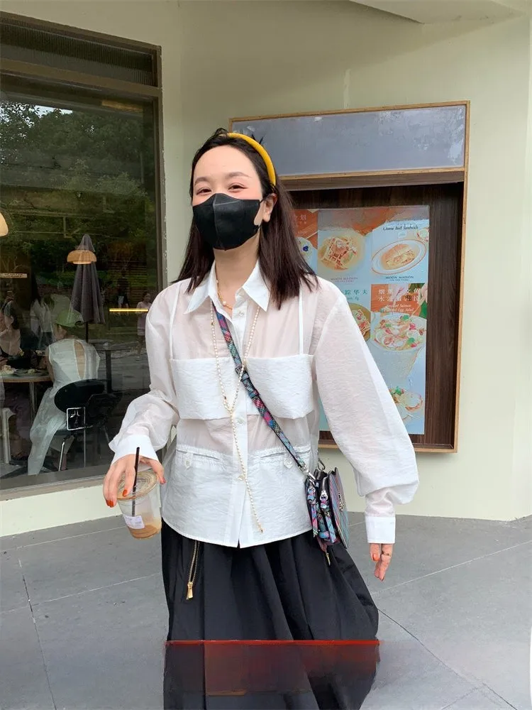 

Функциональная однотонная универсальная рубашка Laid-ba с эффектом двухцветного пэчворка, свободного кроя, с длинными рукавами, для повседневной носки.