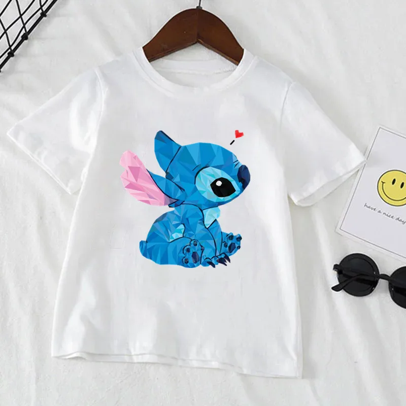 Camiseta branca de manga curta com stitch de desenho animado, roupa fofa com stitch da disney para meninos e meninas