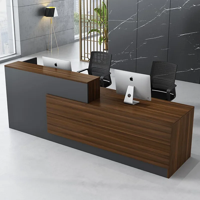 

Hotel Commercial Design Customized Logo MFC Wood Counter Front Desk Office Reception Checkout Front Mostrador Tienda Table