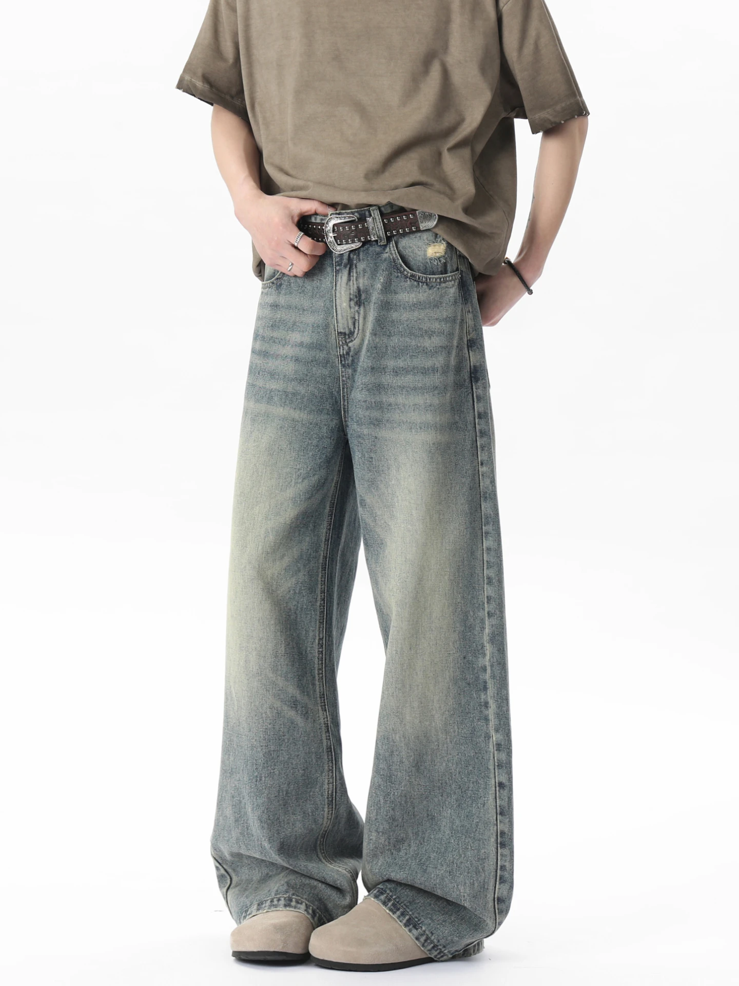 

Street Sle Men's Straight Leg Distred Jeans CleanFit Wide Leg Pants Casual Wear Spring Season Youth Faion Denim Trousers