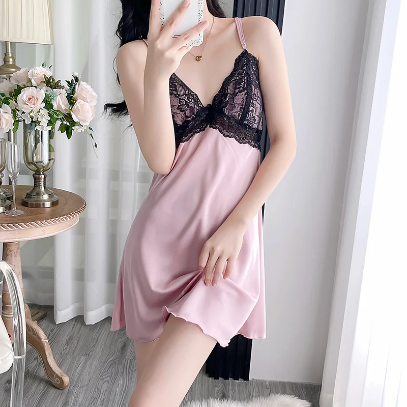 

Spring Summer Silk Satin Nightdress Female Suspender Nightgown Chemise Sleepwear Intimate Lingerie Loose Home Dressing Gown