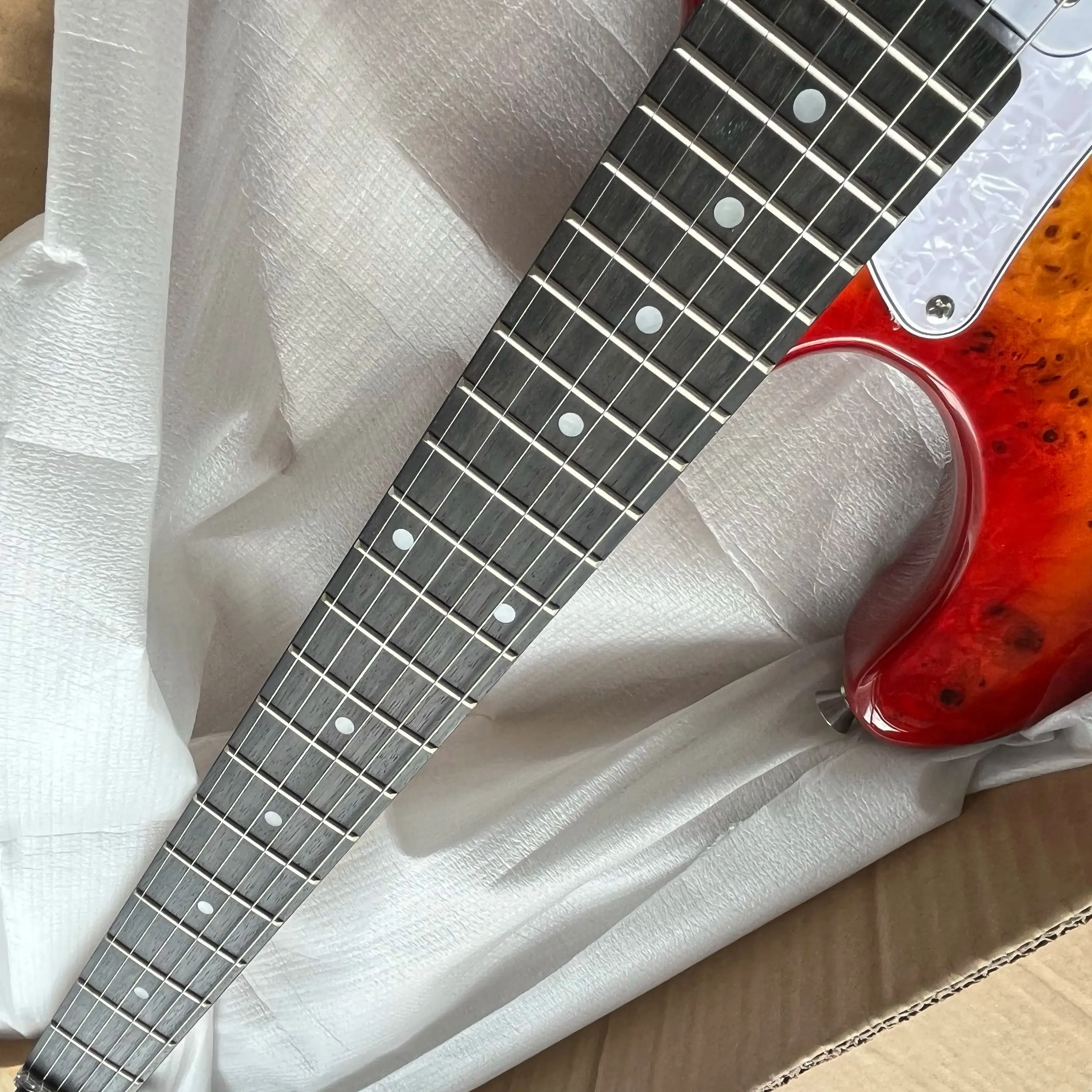 Electric Guitar With Figured Wood Veneer Sunset Gradient Amber Brown Color FST Pearl White Reflective Panel. Single-Coil Pickup. Rosewood Neck And Fretboard Warehouse Stock Available For Quick Shipping Free Shipping