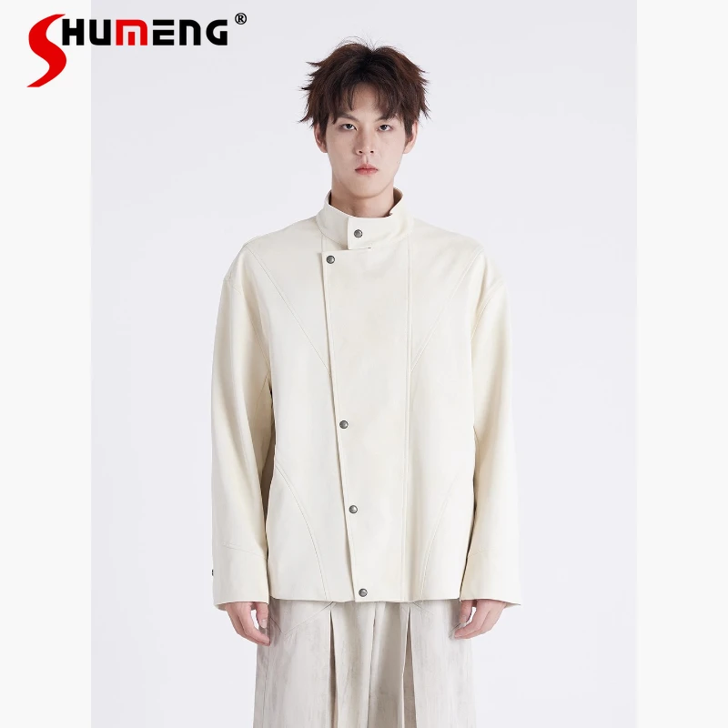 

Мужские осенние новые кожаные куртки с воротником-стойкой, мужские однотонные пальто с длинными рукавами и пуговицами, шикарные куртки из искусственной кожи