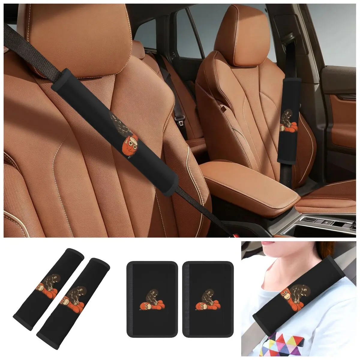 Kawaii Punch Baby Monkey Car Seat Straps Shoulder Pads Super Soft Seat Belt Covers for Long Flight
