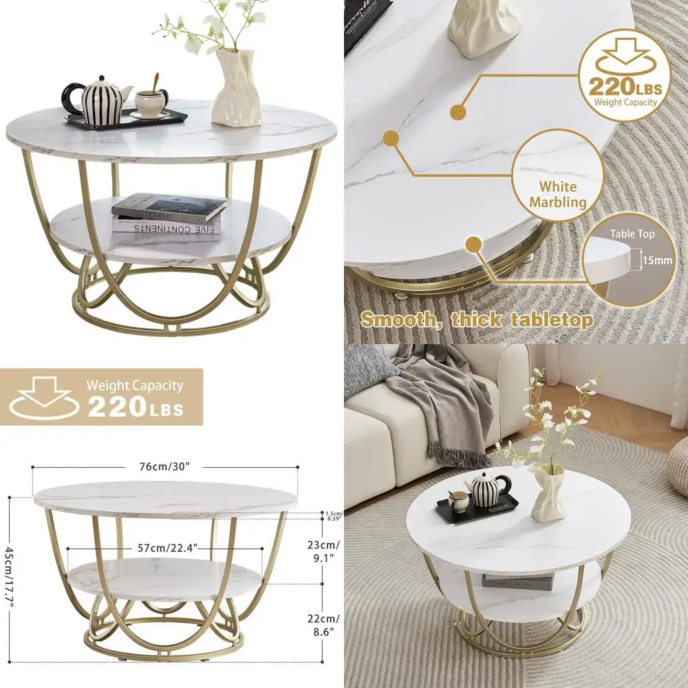 

30. Современный журнальный столик для гостиной с местом для хранения вещей, деревянной столешницей и мраморным белым принтом в золотой рамке.