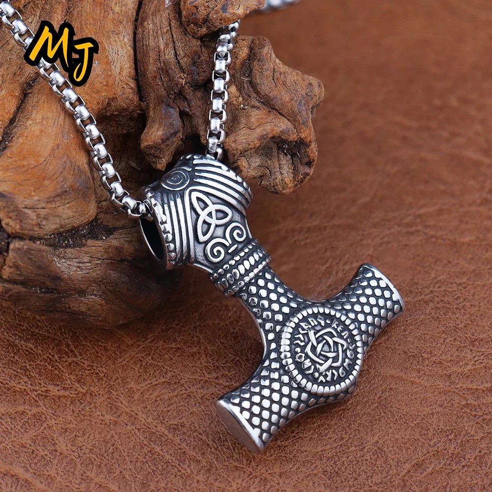 

New Vintage Viking Thor Hammer Necklace Men's Stainless Steel Nordic Celtic Knot Valknut Pendant Fashion Scandinavian Jewelry