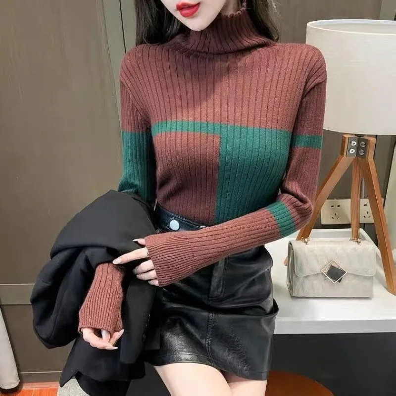 Women\'s Clothing Fashion Slim Spliced Knitted Pullovers 2023 Autumn Winter New Casual Commute Long Sleeve Sweaters for Female