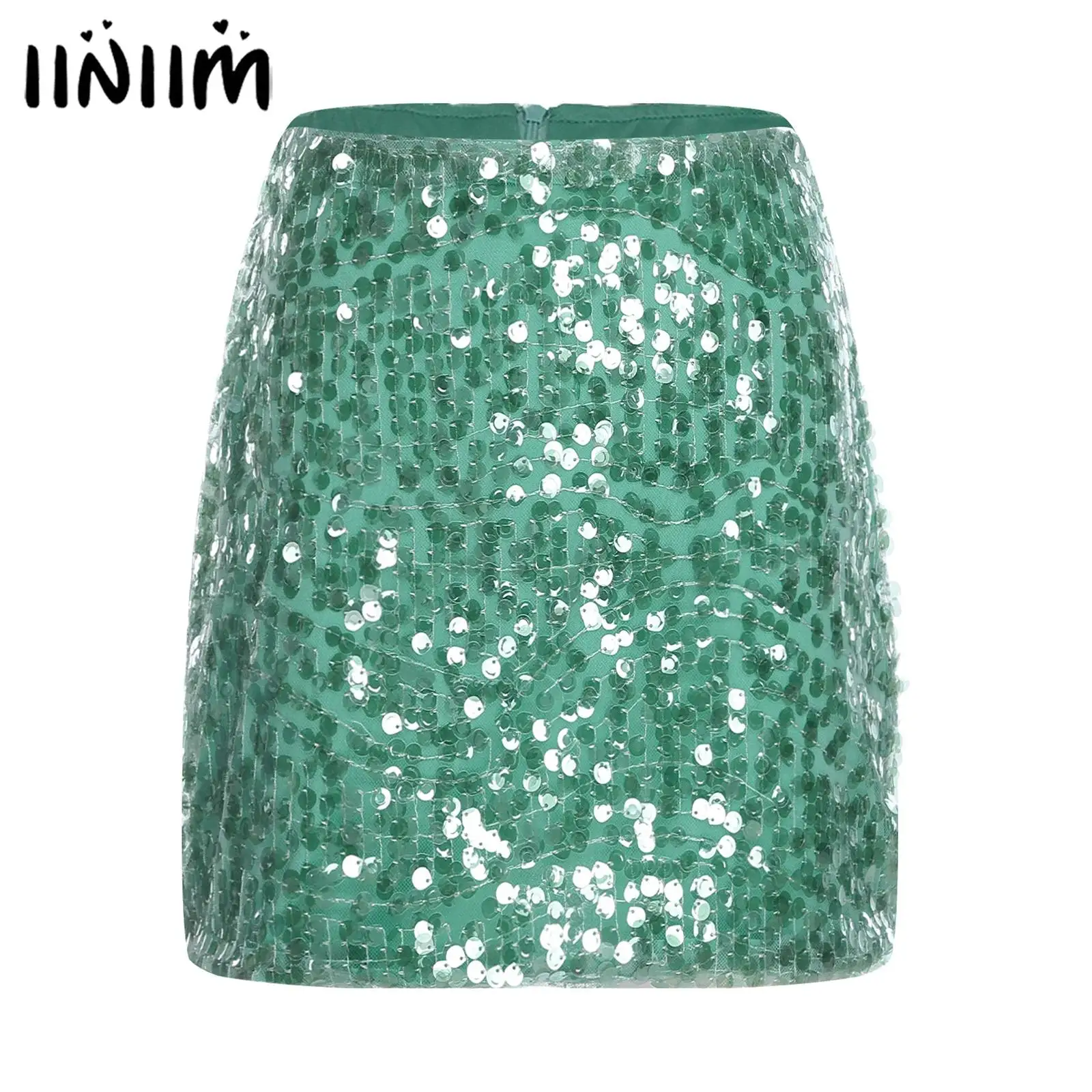 

Womens Glittery Sequin Short Miniskirt Sequin Mesh Layer Fully Lined Back Zipper A-Line Bodycon Skirt Belly Dance Wear Clubwear