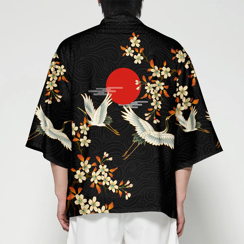 

Summer Samurai Kimono Cosplay Stylish Crane Print Haori Streetwear Men Kimono Japanese Fashion Yukata Cardigan Resort Robe