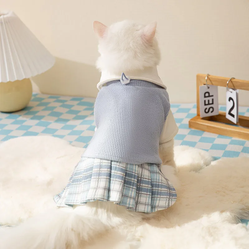 Korean Academy Wind Autumn Winter Warm Kitty Set Blue Cat Hairless Clothes Small Dog Pet Clothing Customizable