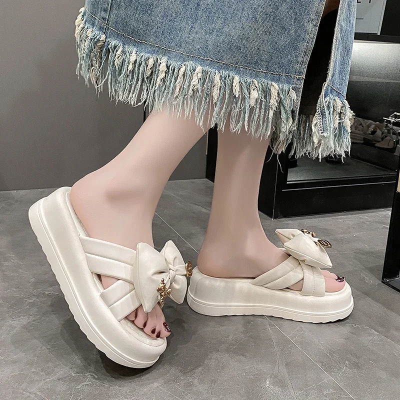 Women's Platform Slippers Fashion Butterfly-Knot Luxury Slippers  2024 New Designer Soft Soled Sandals Woman Summer Flat Shoes