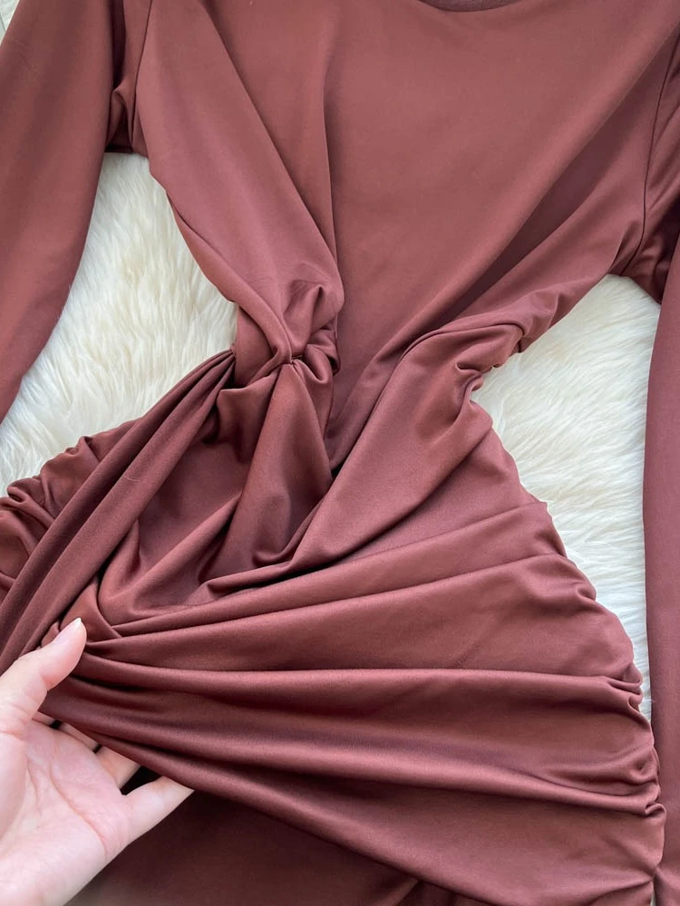 Foamlina Elegant Solid Long Sleeve Formal Evening Prom Dress with Cut Out&Ruched Design Slim Bodycon Maxi Gown for Wedding Party