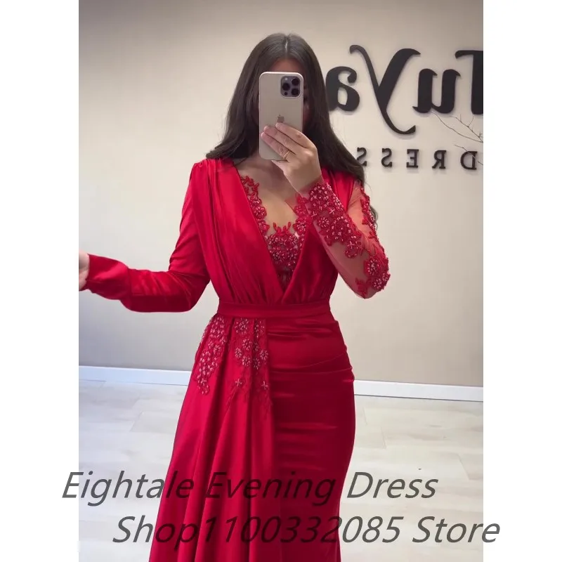 Arabic Red Formal Evening Dresses Long Sleeves Mermaid Evening Gowns Beading Elegant Prom Dresses Turkish Couture Robe De Soiree