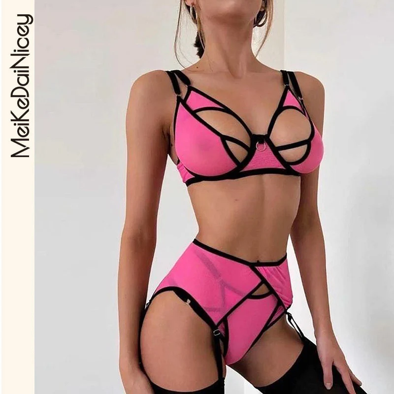 Ensemble soutien-gorge et culotte moulants pour femmes, sous-vêtements sexy en patchwork, 3 pièces