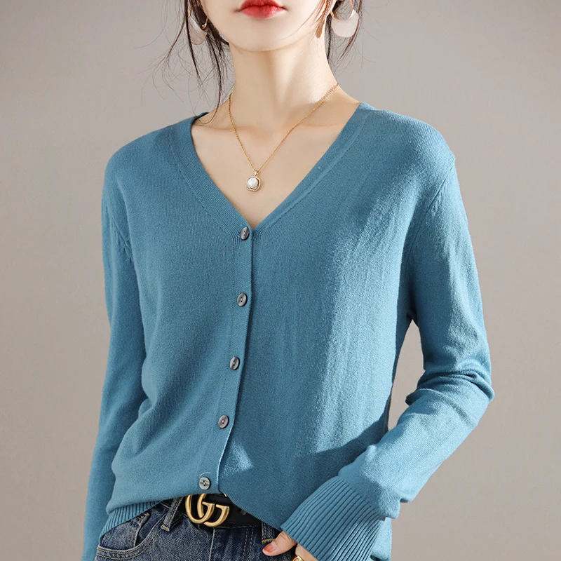 Spring New V-neck Sweater Cardigan Women Fashion Solid Color Autumn Winter Basic Loose Top Knitted Long Sleeve Female Cardigan