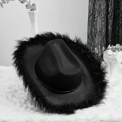 Women´s Cowboy Hats Adult Solid Color Furry Trim Wide Brim Hat Female Cap for Dating Party Outdoor Camping Christmas Decorations